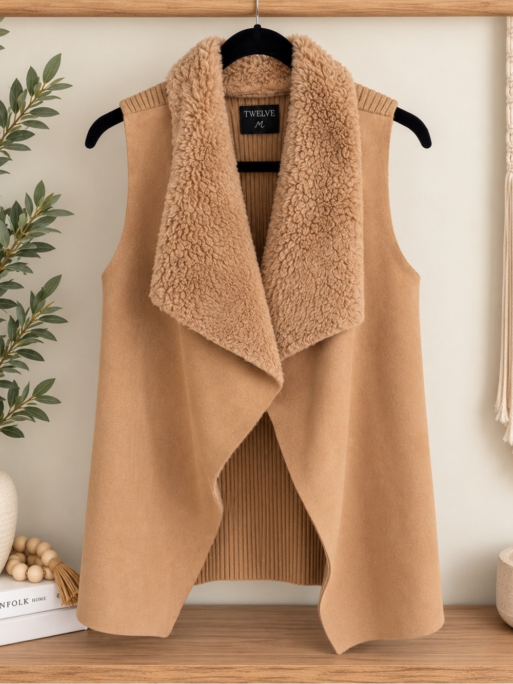 Faux-Shearling Draped Vest - Camel